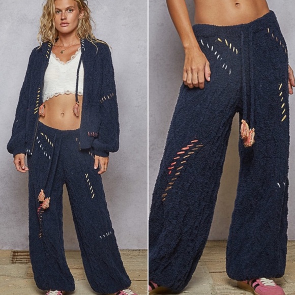 POL Stretchy Waist Drawstring Cable Jogger Pants - Navy Blue
